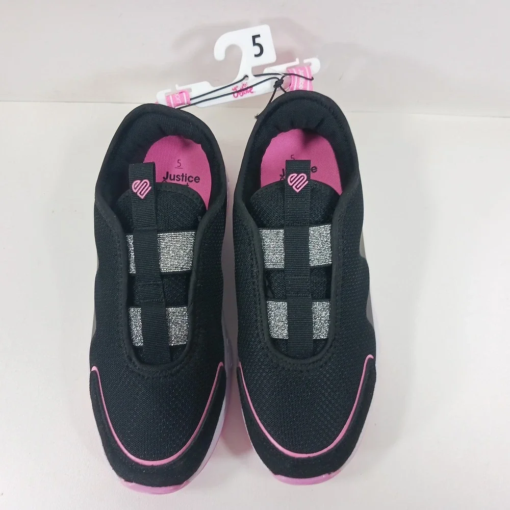 Justice Sport Girls Slip On Sneakers Black Pink Iridescent Size 5 GMG JUS SNKR